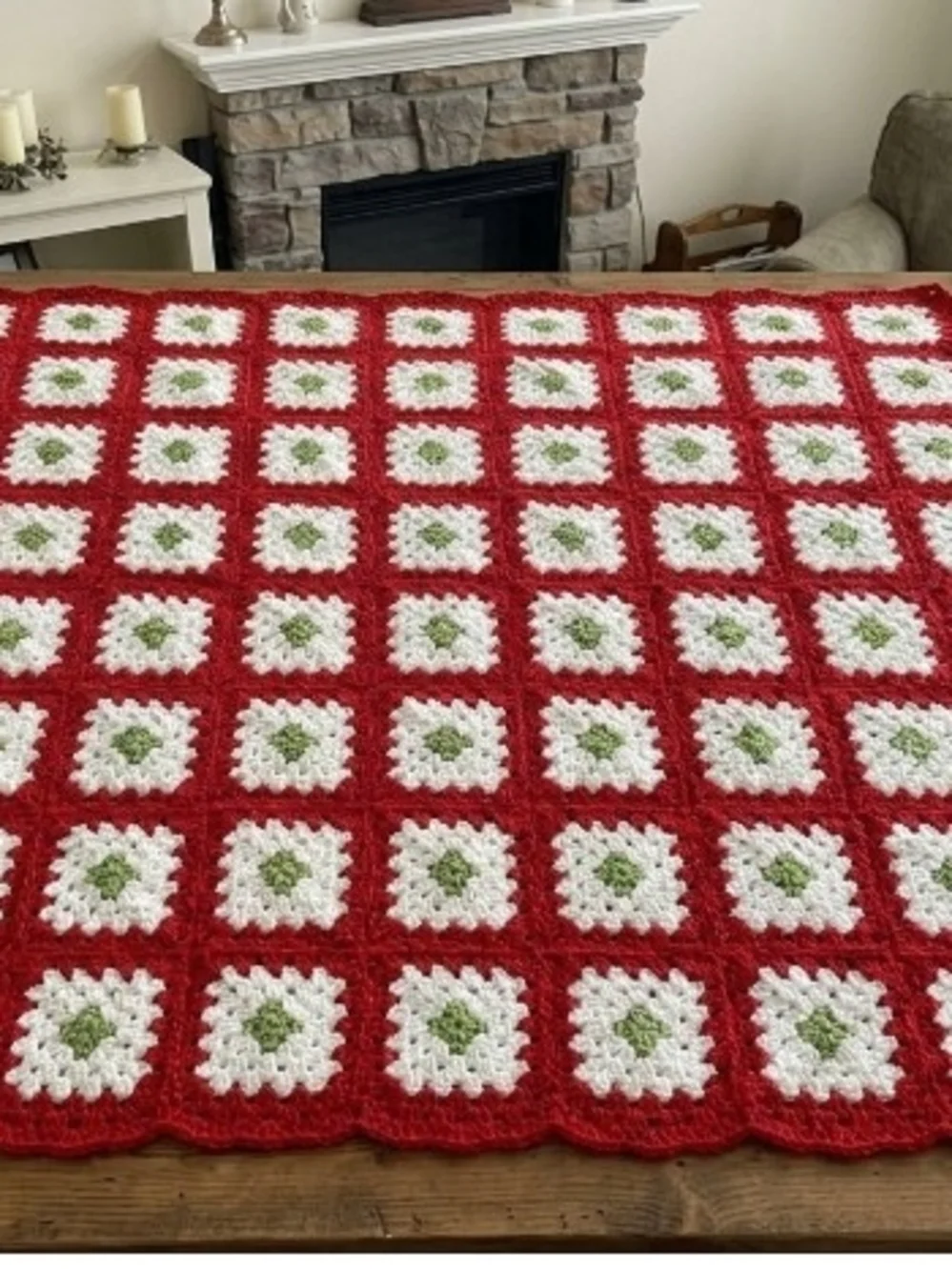 Handmade Christmas Red White & Green Crochet Granny Square Throw Blanket
